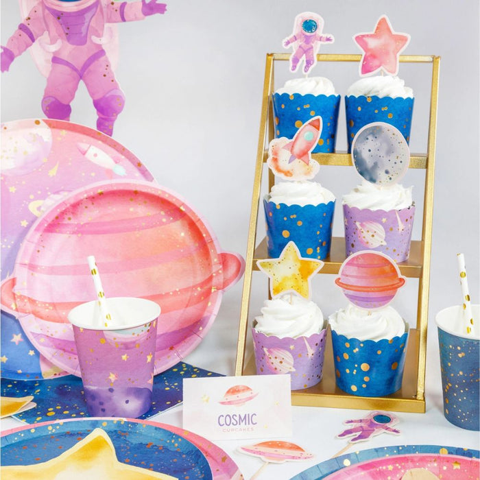 Astronaut Girl birthday party supplies styled on table