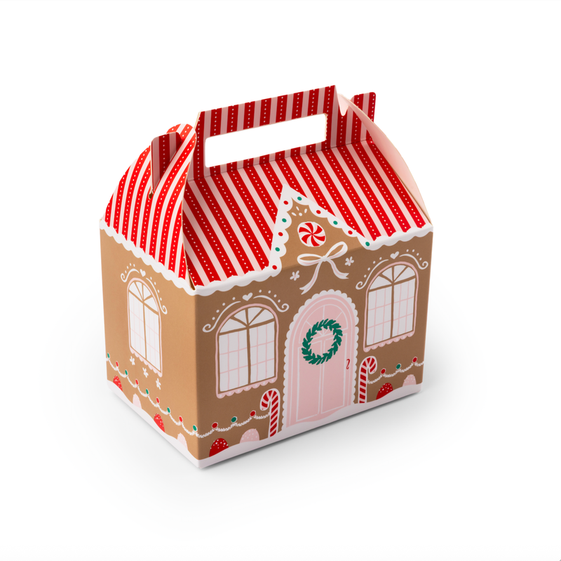 Single assembled Sweet Gingerbread House Cookie Box with red-and-white roof and peppermint door design.