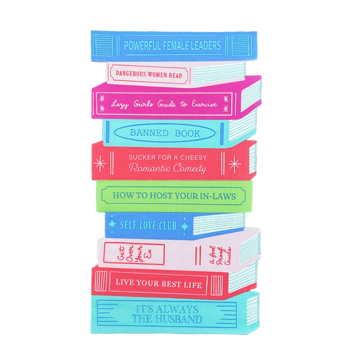 Die-cut guest napkin shaped like colorful stack of books with playful spine titles on white backdrop.
