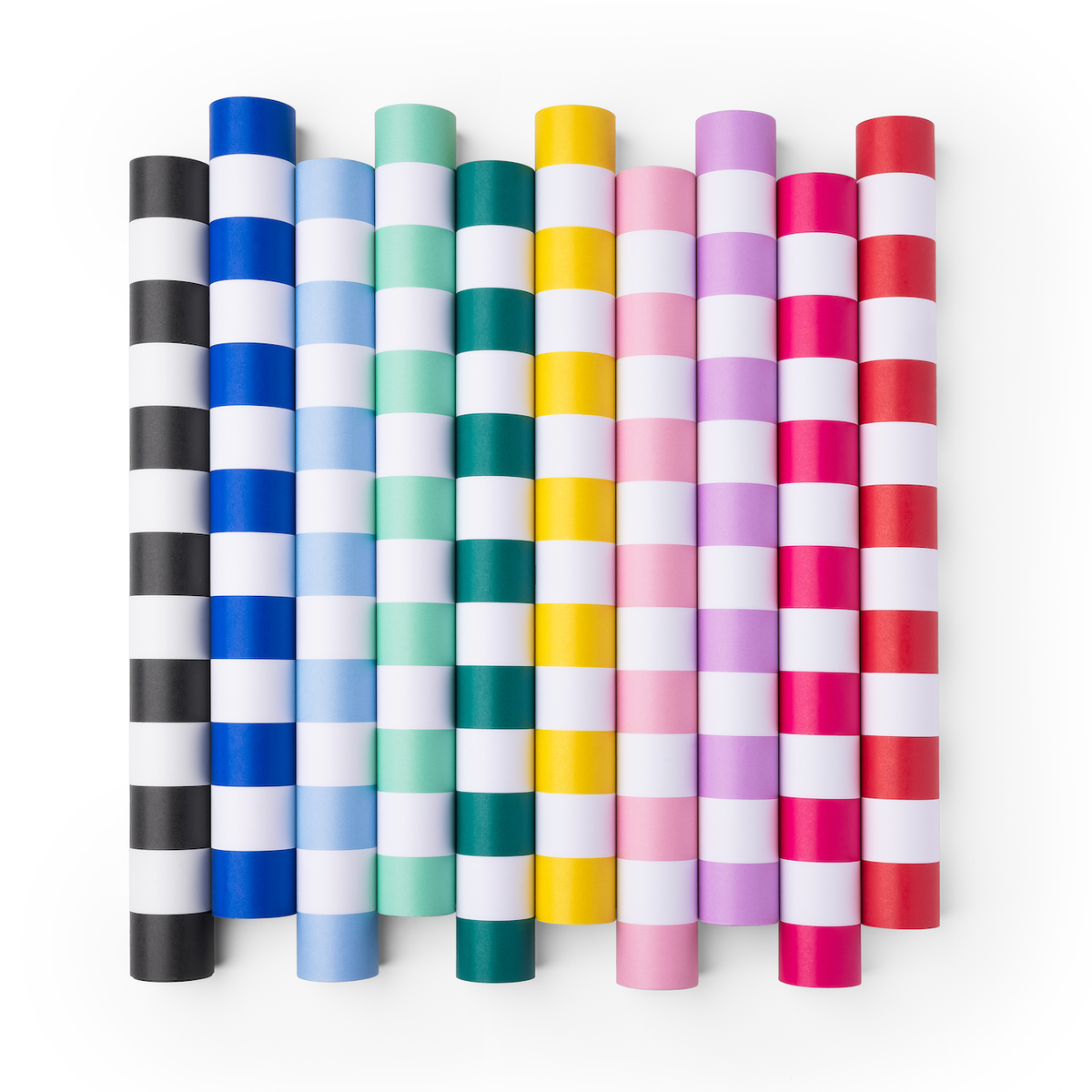 A set of colorful table runner rolls with wide horizontal stripes in various colors including black, blue, green, yellow, pink, purple, and red, each alternating with white.