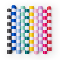 A set of colorful table runner rolls with wide horizontal stripes in various colors including black, blue, green, yellow, pink, purple, and red, each alternating with white.