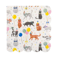 Same napkin style rotated so scallops run across the top; showcases orange tabby, black, grey, and calico cats among pastel balloons.