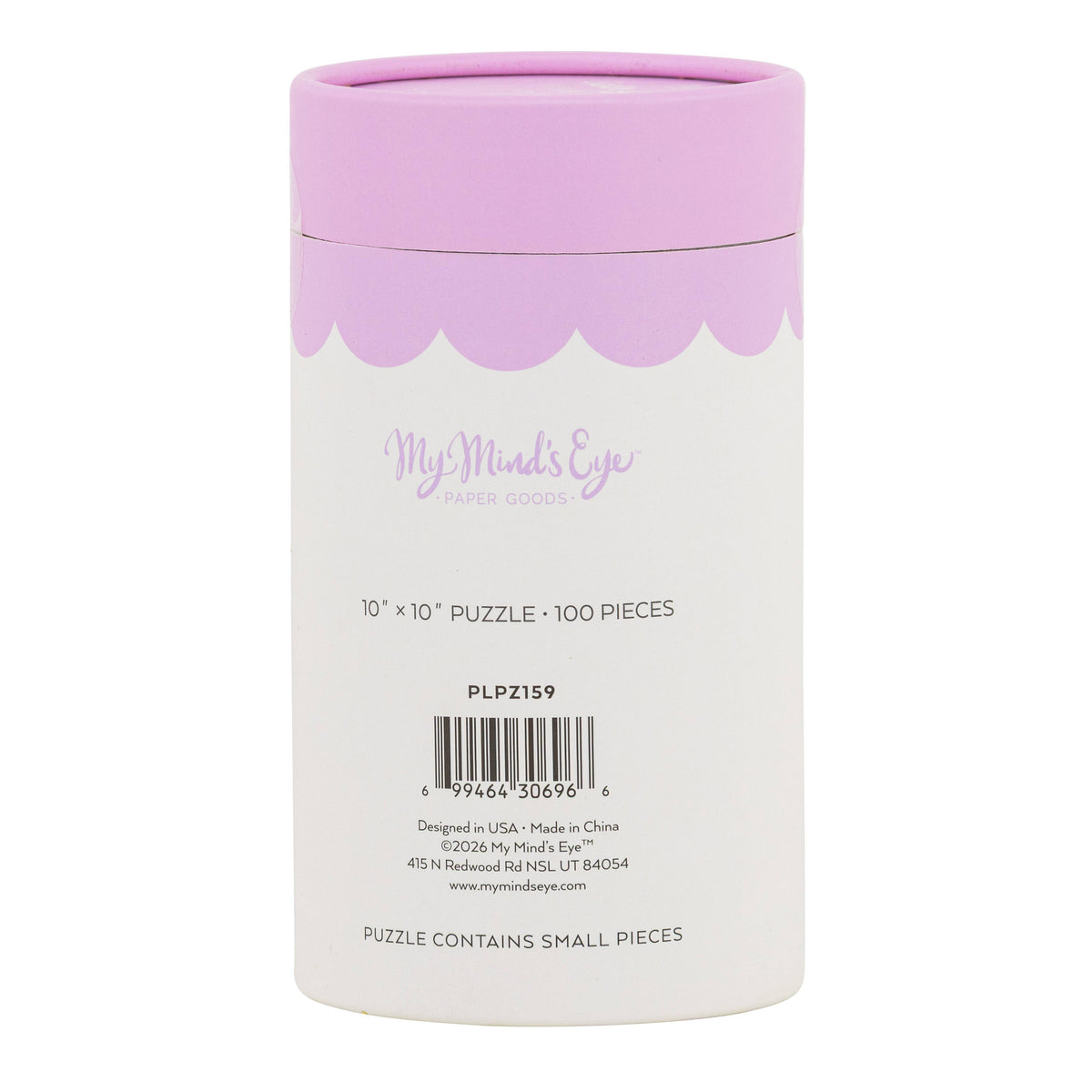 The back of the pink and white storage tube for the 100-piece Easter puzzle showing dimensions and product details.