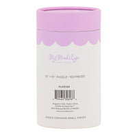 The back of the pink and white storage tube for the 100-piece Easter puzzle showing dimensions and product details.