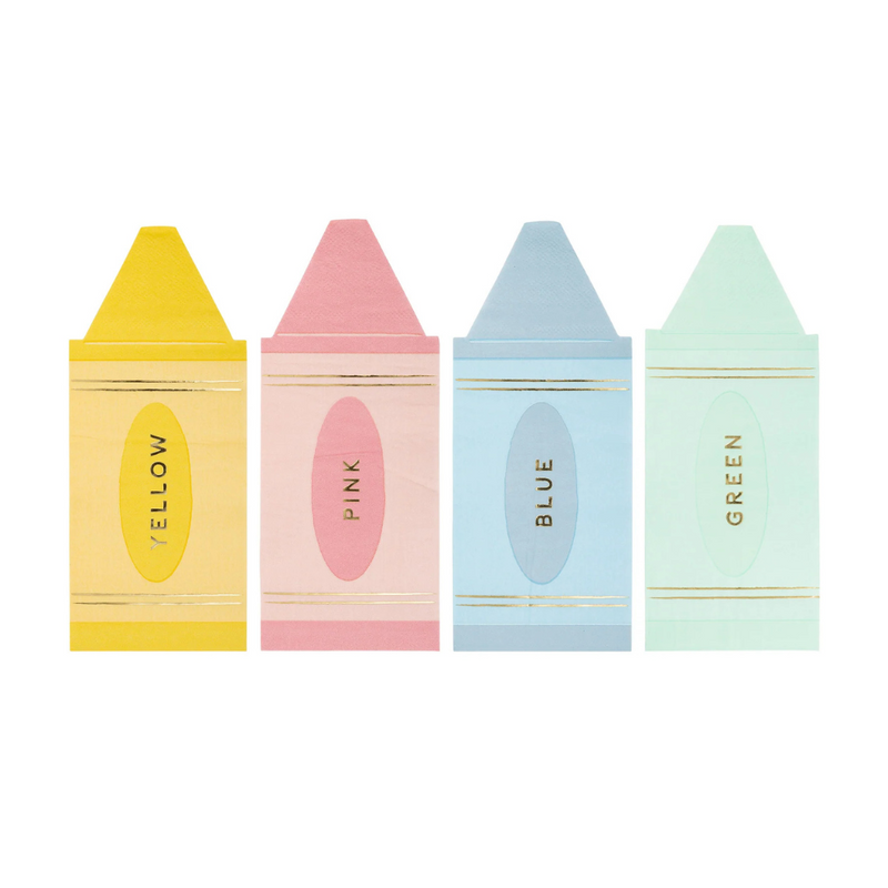 Four crayon-shaped paper napkins in yellow, pink, blue, and green with gold foil accents and printed color names.