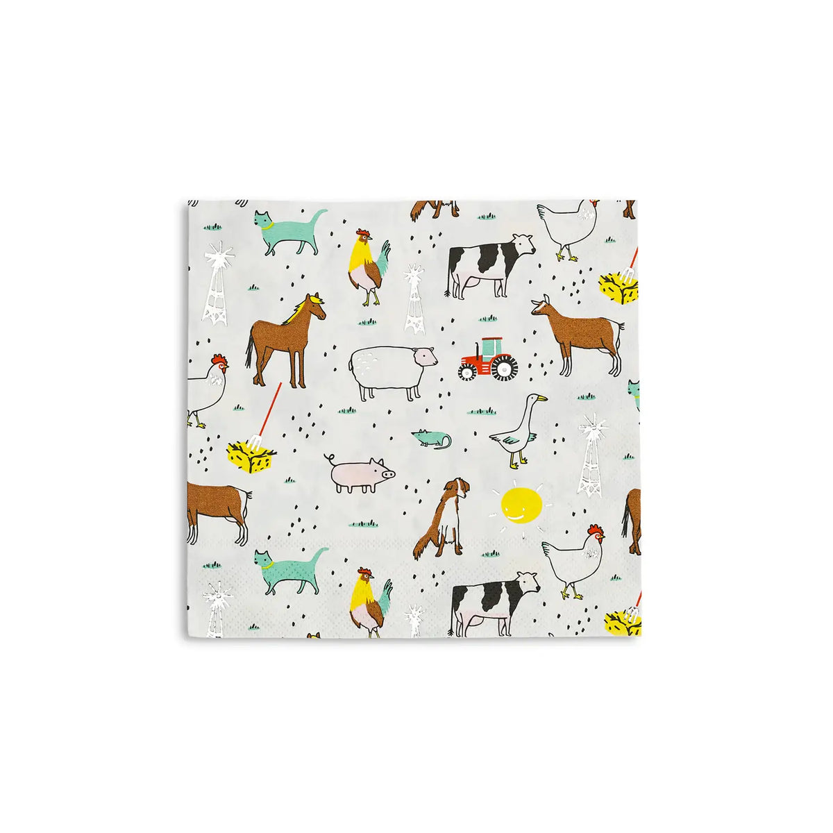 Isolated farm animal napkin showing cows, tractors, horses, and chickens on crisp white.