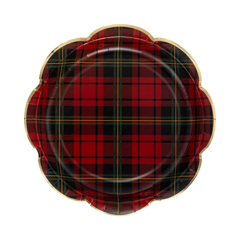 Red and green plaid scalloped plate with gold foil border, front view