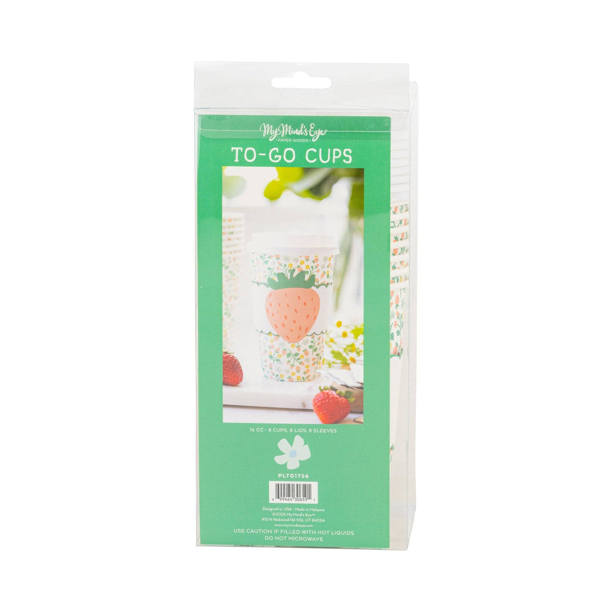 The back of the packaging for the Strawberry Pattern To Go Cups set showing the 16 oz size.