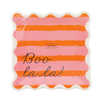 Front of packaged Boo La La striped paper plates