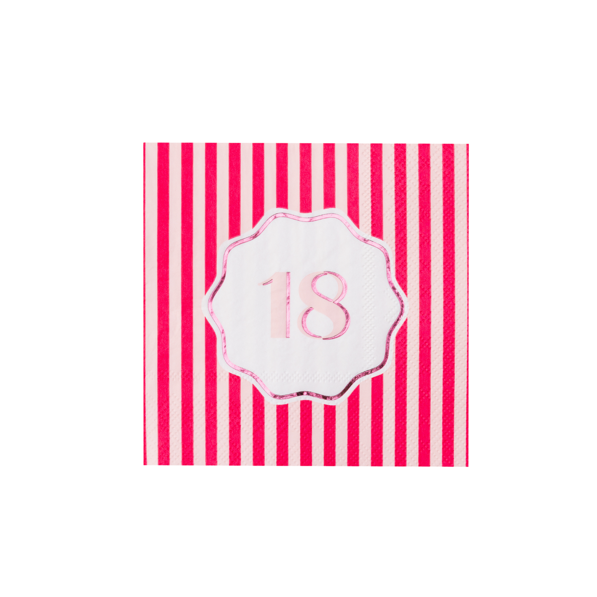 Single magenta and pink striped cocktail napkin with white scalloped pink foil 18 birthday badge on white background