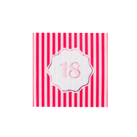 Single magenta and pink striped cocktail napkin with white scalloped pink foil 18 birthday badge on white background
