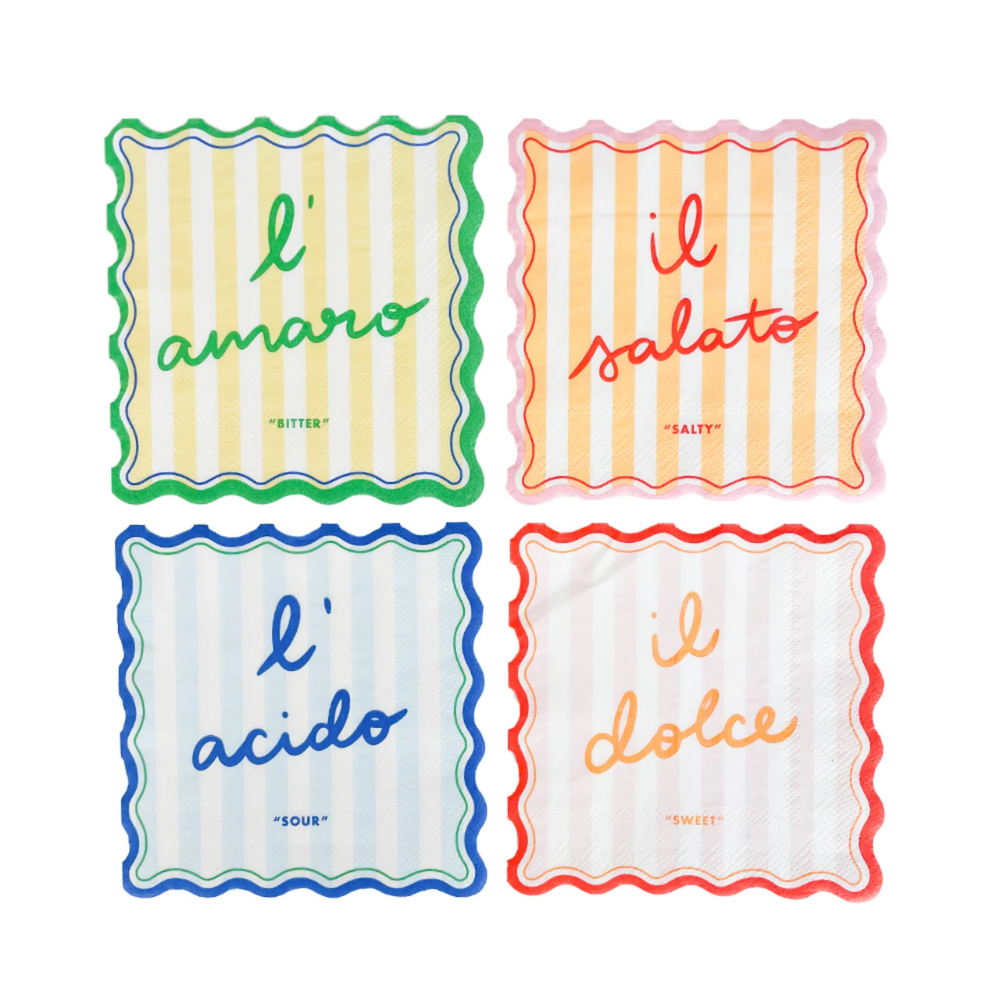Flat lay of Le Dinner Cocktail Napkins showing all four designs: l’amaro, l’acido, il salato, il dolce.