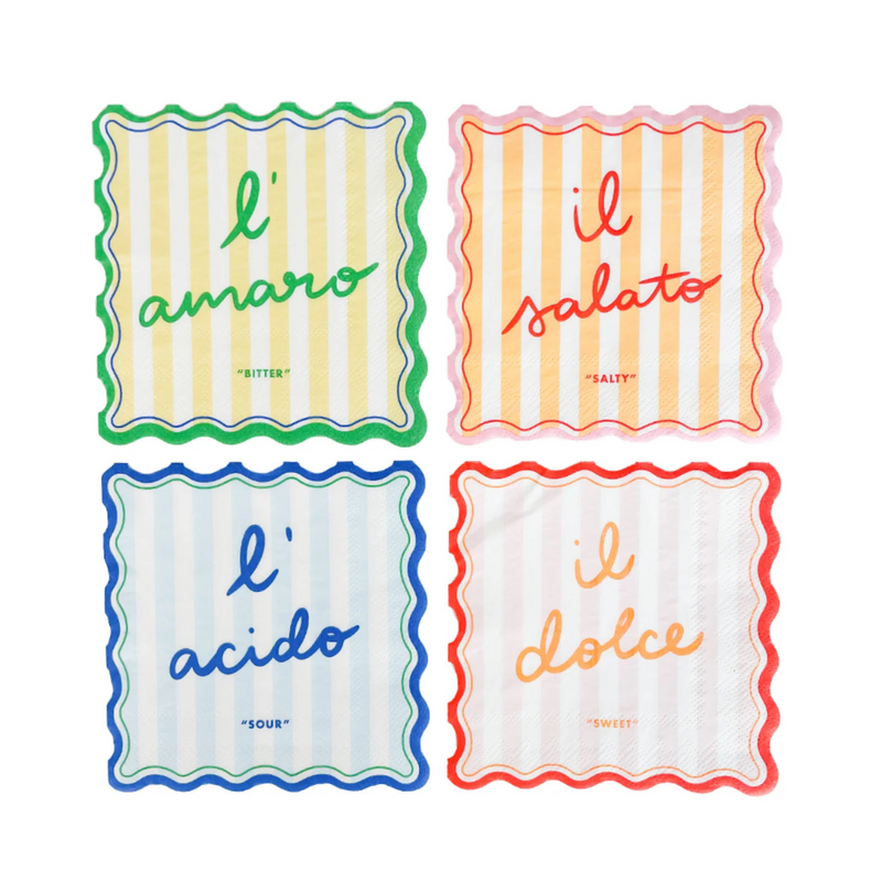 Flat lay of Le Dinner Cocktail Napkins showing all four designs: l’amaro, l’acido, il salato, il dolce.