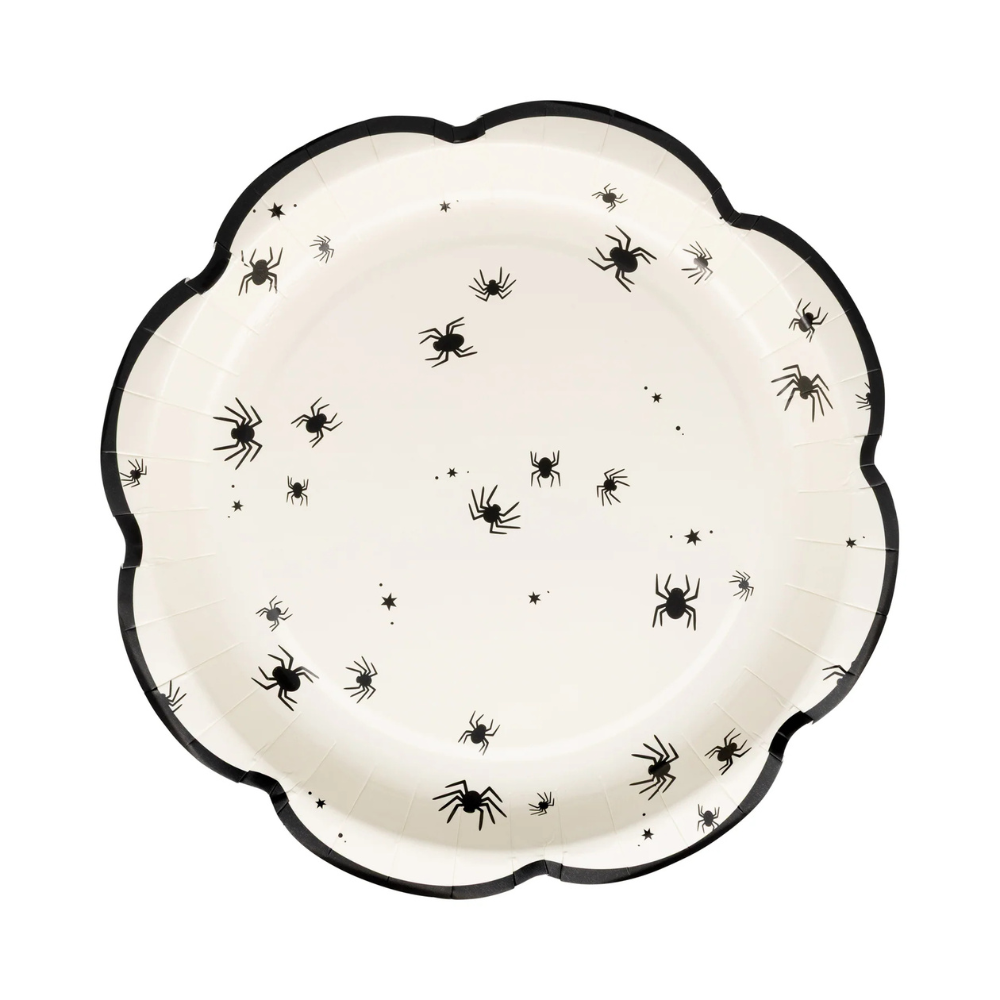 Single plate close-up showing detailed black spider pattern with black scalloped trim.