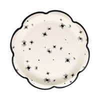 Single plate close-up showing detailed black spider pattern with black scalloped trim.