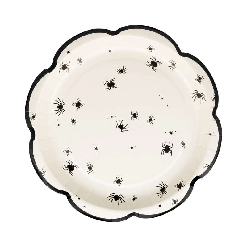 Single plate close-up showing detailed black spider pattern with black scalloped trim.