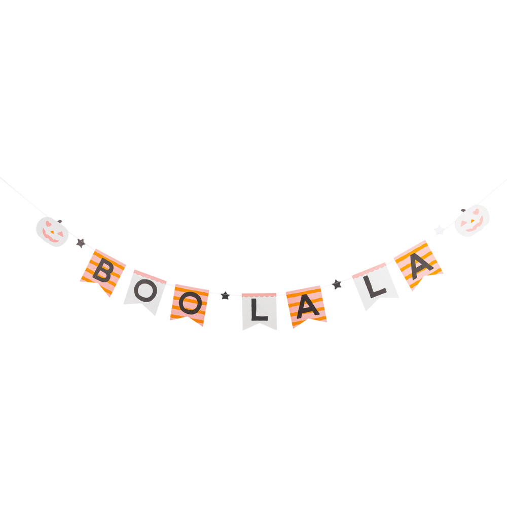 Isolated view of the full Boo La La Banner, showcasing "BOO LA LA" on colorful pennants with pumpkin and star accents