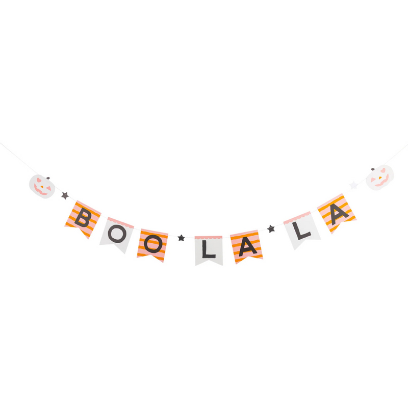 Isolated view of the full Boo La La Banner, showcasing "BOO LA LA" on colorful pennants with pumpkin and star accents