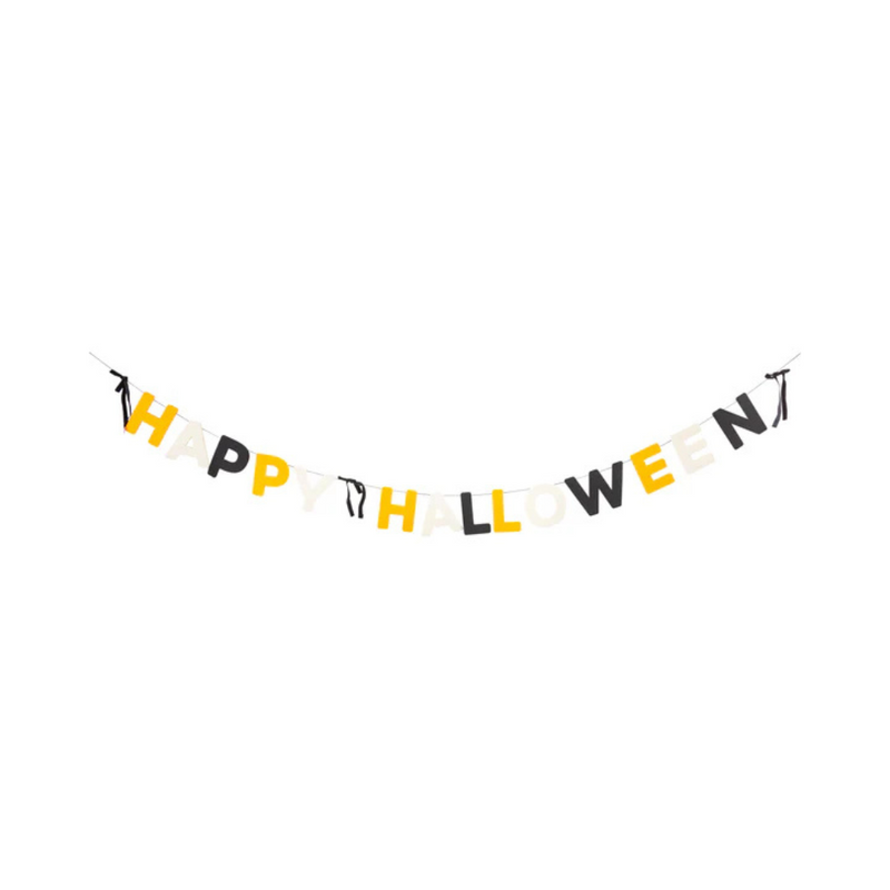 Felt & Bows Happy Halloween Banner fully extended, showing alternating black, orange, and white letters with velvet bows on each end.