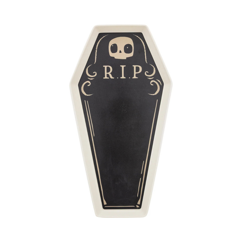 Coffin-shaped bamboo tray with R.I.P skull design
