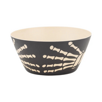 Image of the Bamboo Skeleton Bowl showing the skeleton hand print wrapping around the matte black exterior.
