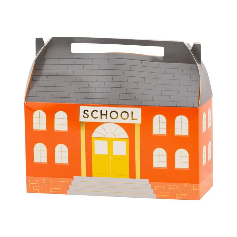 Single red schoolhouse treat box with yellow doors and arched windows