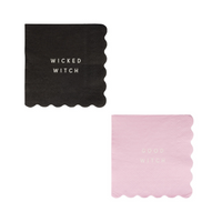 Side-by-side layout of both napkin designs—pink and black with scalloped edges