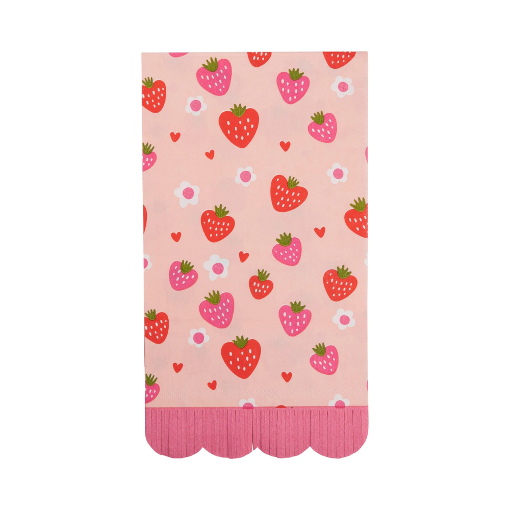 Flat lay of pink scalloped napkin featuring strawberries and flowers