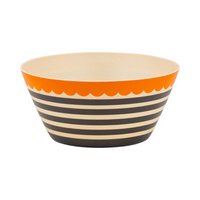 Black and cream striped bamboo bowl with a bright orange scalloped rim, empty.