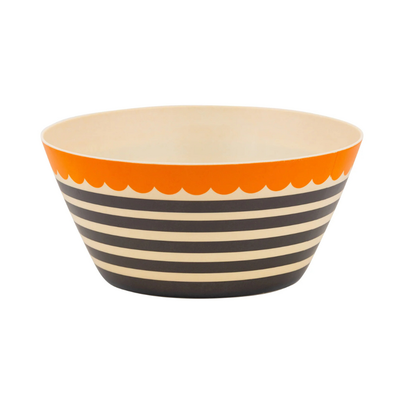Black and cream striped bamboo bowl with a bright orange scalloped rim, empty.