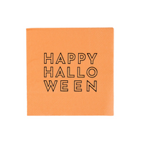 Single orange cocktail napkin with bold black “Happy Halloween” text.