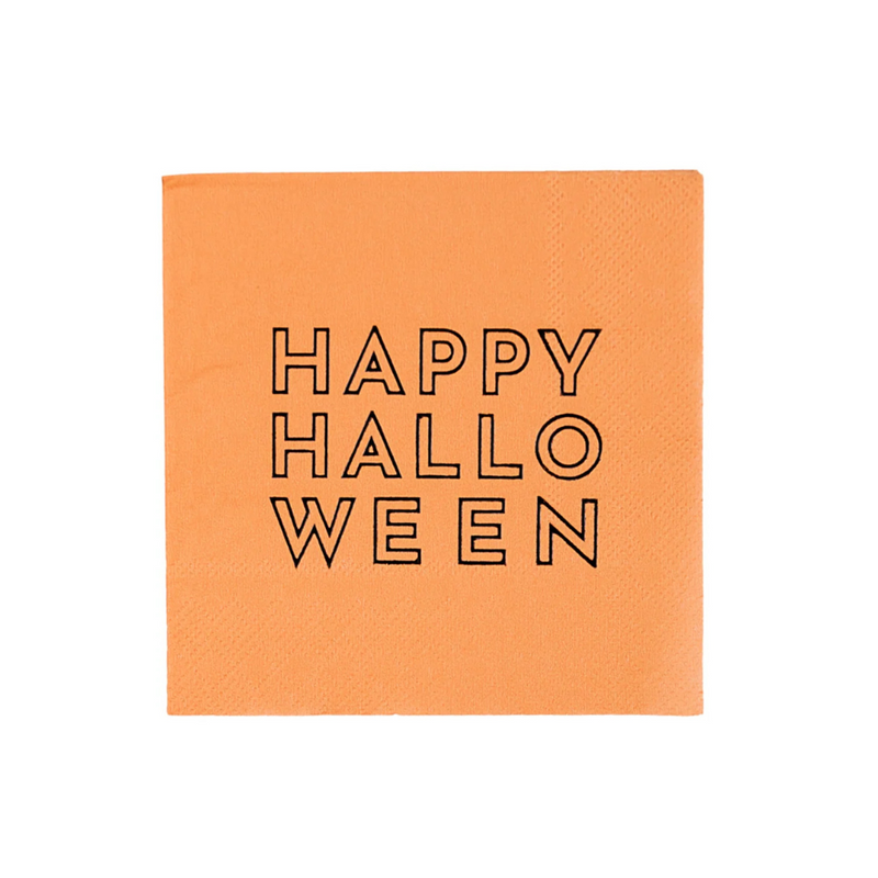 Single orange cocktail napkin with bold black “Happy Halloween” text.
