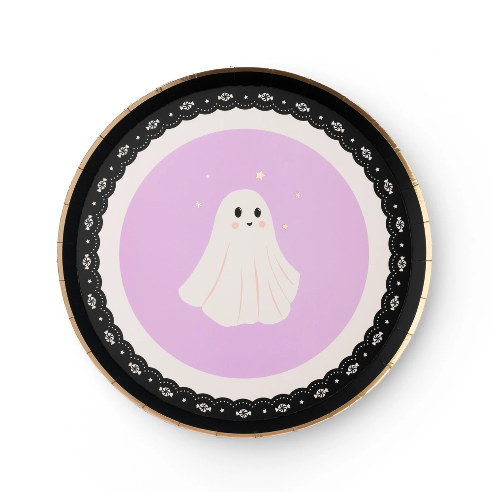 Single Frills & Thrills Halloween Small Plate with pastel ghost and scalloped black border detail.
