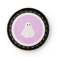 Single Frills & Thrills Halloween Small Plate with pastel ghost and scalloped black border detail.