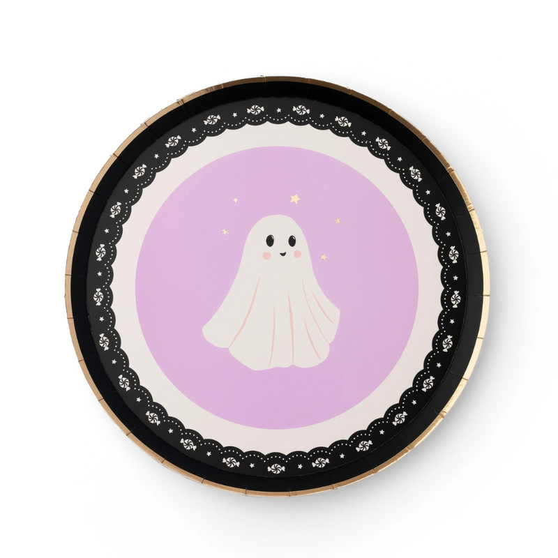 Single Frills & Thrills Halloween Small Plate with pastel ghost and scalloped black border detail.