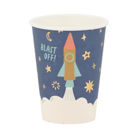 Single paper cup featuring rocket and stars design