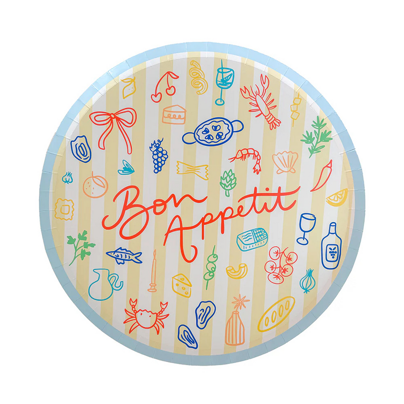 Close-up of Le Dinner Bon Appetit Dinner Plate featuring whimsical food and drink icons on a striped background.