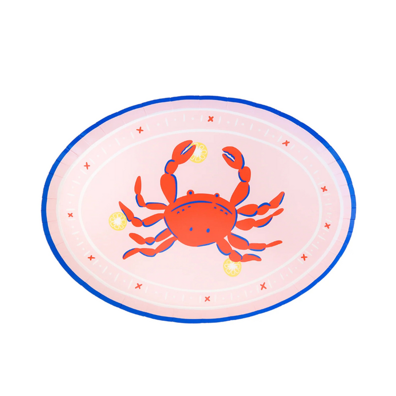 Close-up of the Le Dinner Crab Platter Charger Plate showcasing the red crab illustration on a pastel background.
