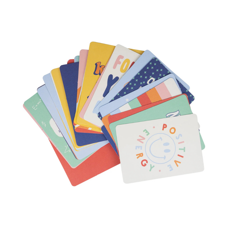 Fanned-out display of all 30 colorful lunch box cards with cheerful designs.