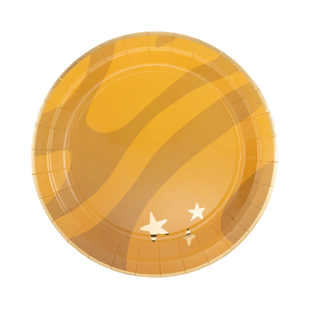Close-up of the Planet Paper Plate with gold foil star accents