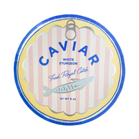 Product image of the Le Dinner Caviar Can Dinner Plate featuring a pastel striped caviar tin design.