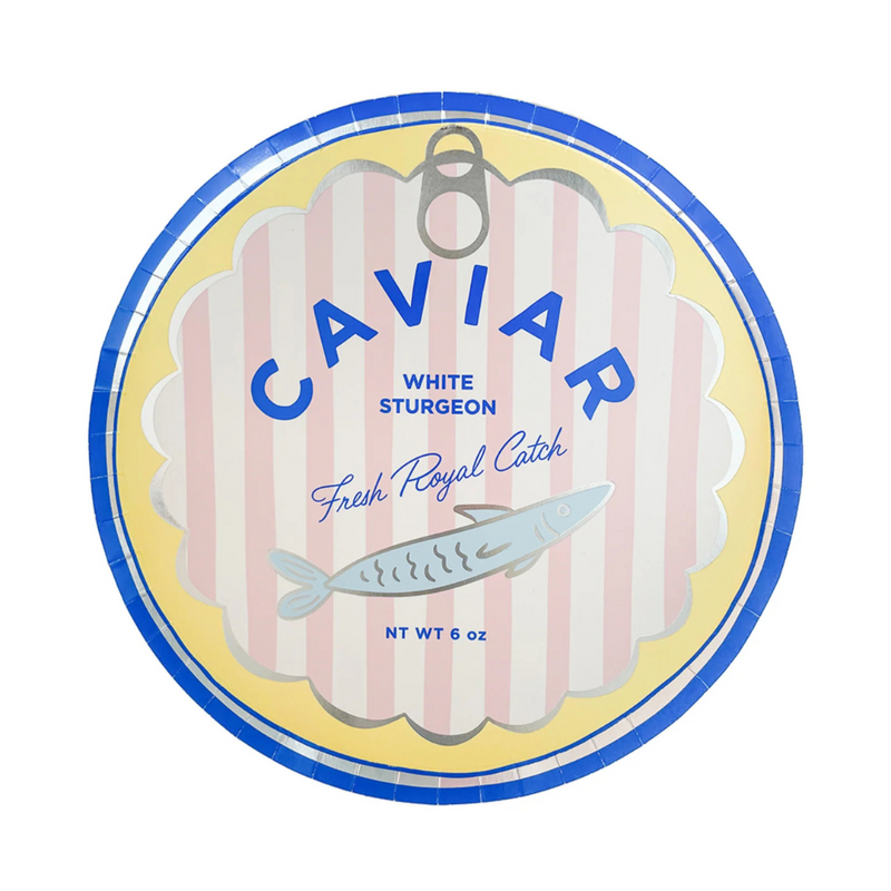 Product image of the Le Dinner Caviar Can Dinner Plate featuring a pastel striped caviar tin design.