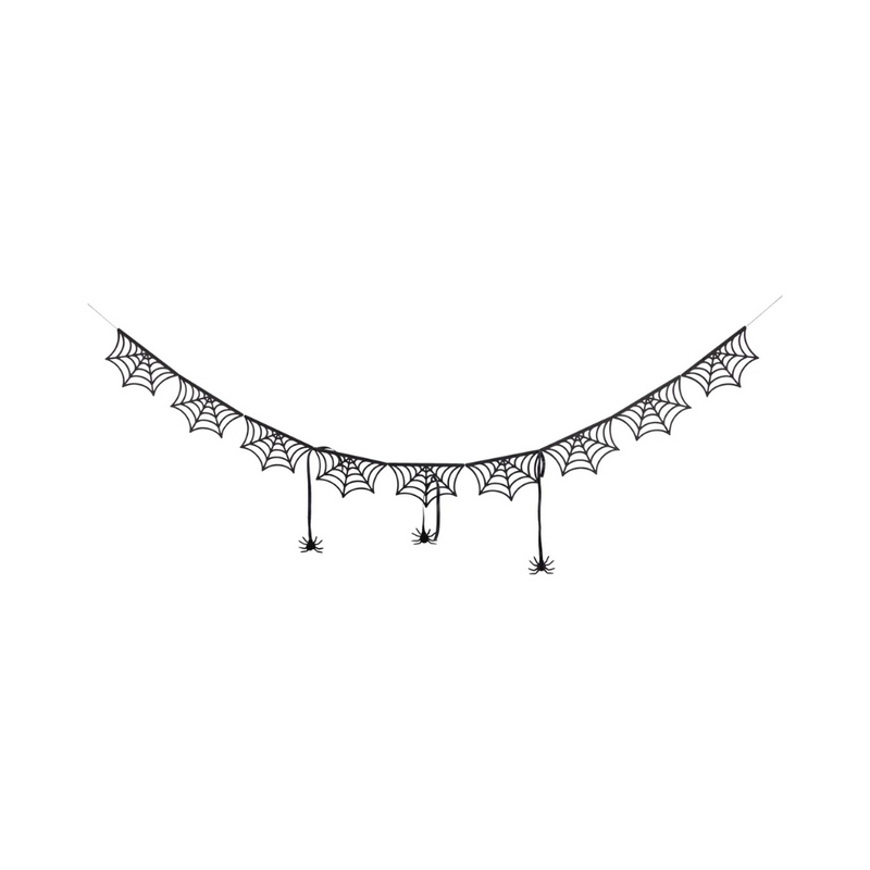 Full view of the spider web banner with spiders dangling from the ribbon