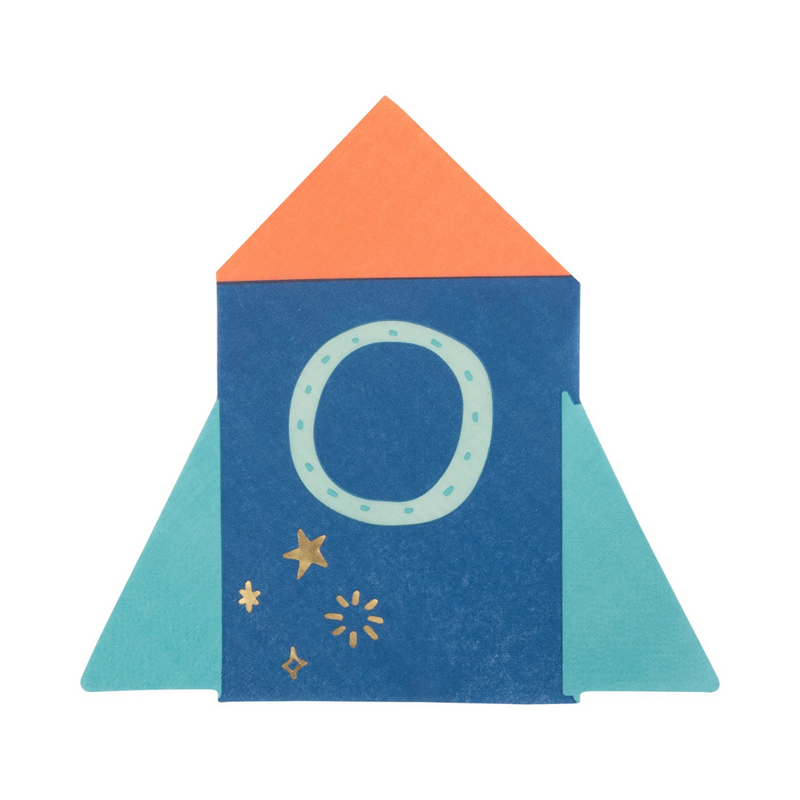 Rocket napkin flat with gold foil stars on navy background
