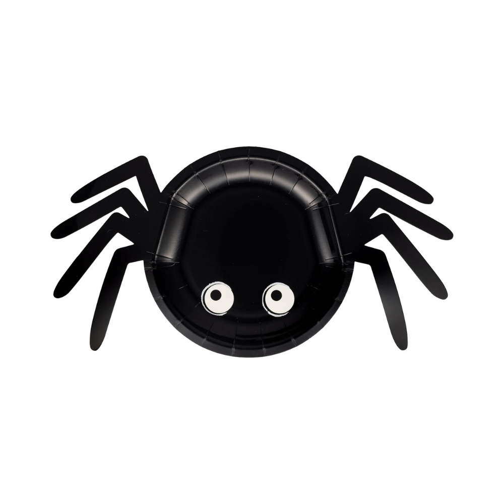 Close-up of black spider plate with foil eyes and legs