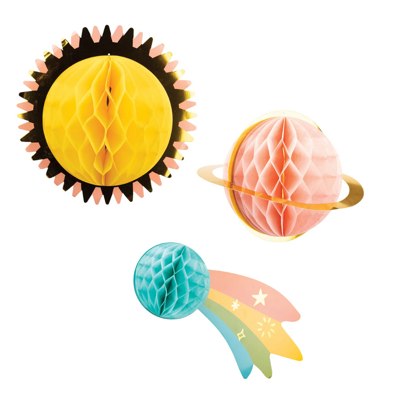Set of three honeycomb decorations laid flat – comet, sun, and planet