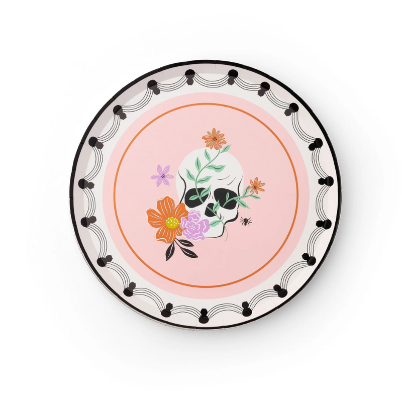 Single Floral Halloween Skulls & Spiders dessert plate with scalloped black border and floral skull motif.