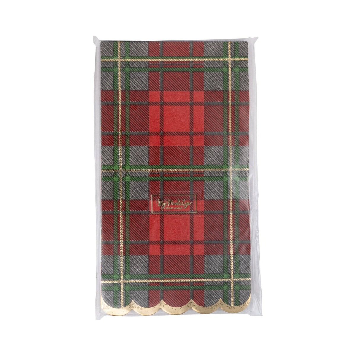 Pack of red plaid dinner napkins with scalloped gold edges in clear packaging, front view