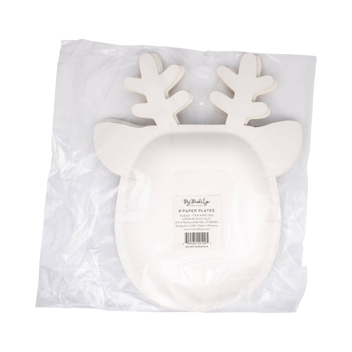 Pack of reindeer-shaped plates with visible antler outlines in clear packaging, back view