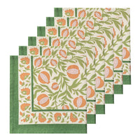 floral cloth napkin in green and orange pomegranate design - perfect for a spring table or an Easter tablescape. These are lovely spring Napkins.
